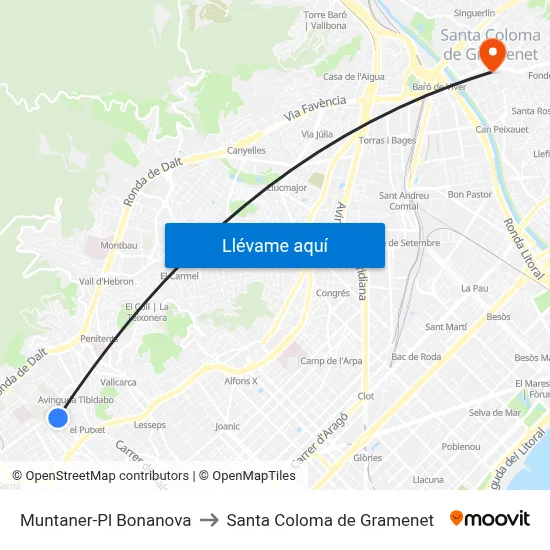 Muntaner-Pl Bonanova to Santa Coloma de Gramenet map