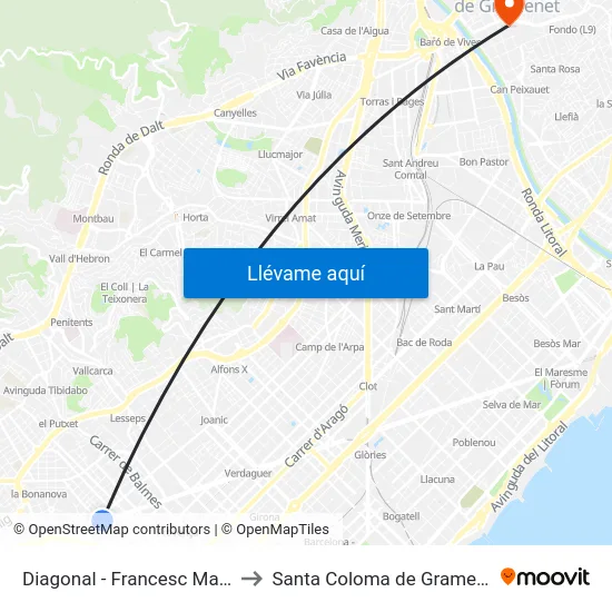 Diagonal - Francesc Macià to Santa Coloma de Gramenet map