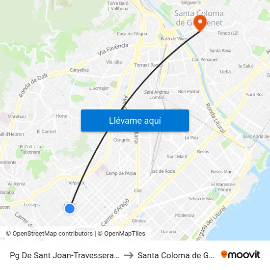 Pg De Sant Joan-Travessera De Gràcia to Santa Coloma de Gramenet map