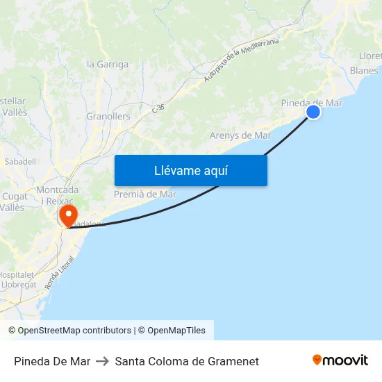 Pineda De Mar to Santa Coloma de Gramenet map