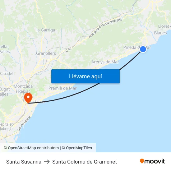 Santa Susanna to Santa Coloma de Gramenet map