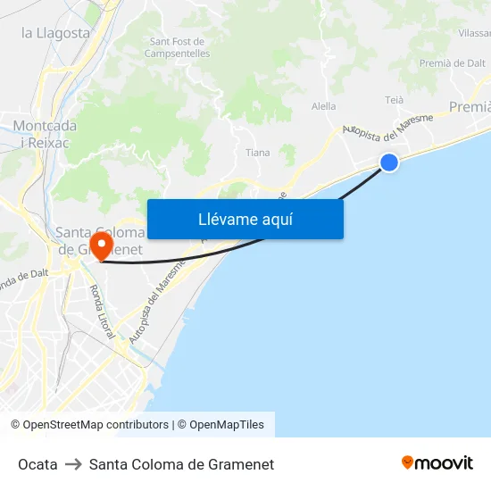 Ocata to Santa Coloma de Gramenet map