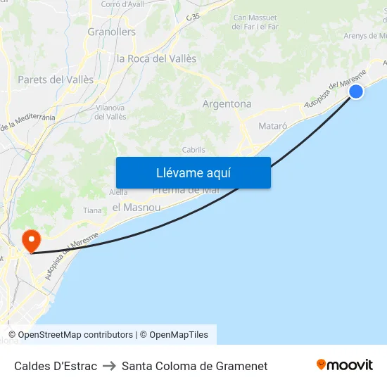 Caldes D’Estrac to Santa Coloma de Gramenet map