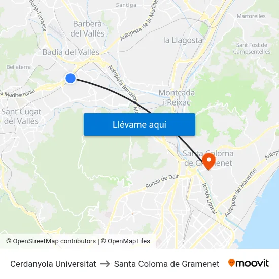 Cerdanyola Universitat to Santa Coloma de Gramenet map