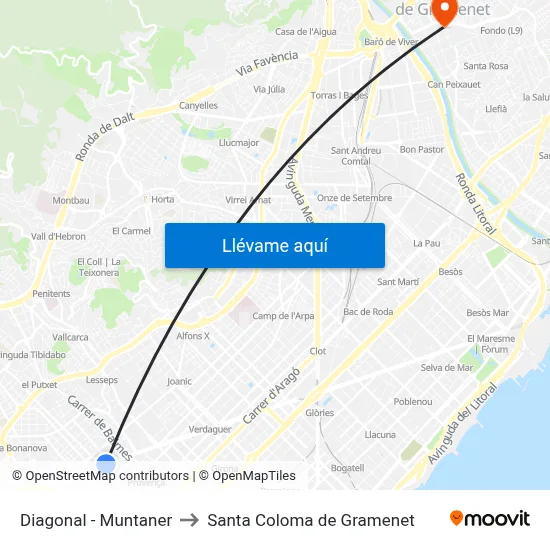 Diagonal - Muntaner to Santa Coloma de Gramenet map