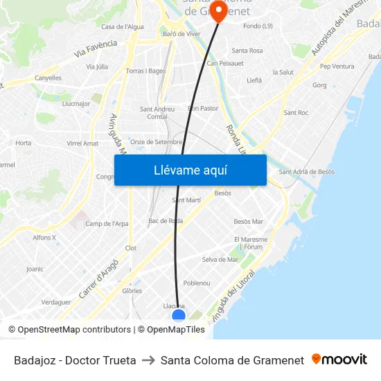 Badajoz - Doctor Trueta to Santa Coloma de Gramenet map