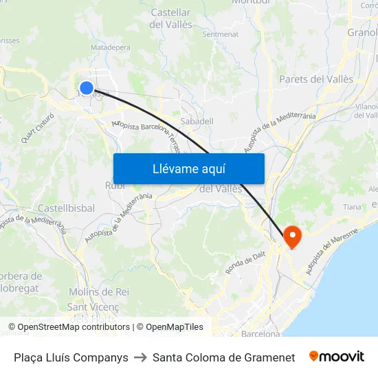Plaça Lluís Companys to Santa Coloma de Gramenet map