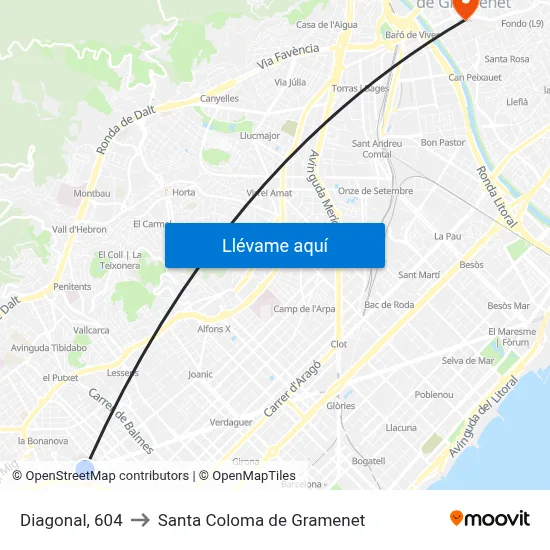 Diagonal, 604 to Santa Coloma de Gramenet map