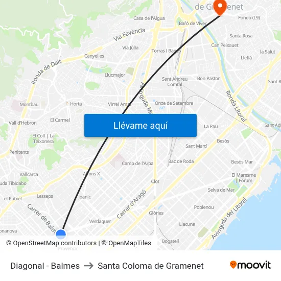 Diagonal - Balmes to Santa Coloma de Gramenet map