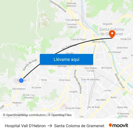Hospital Vall D'Hebron to Santa Coloma de Gramenet map
