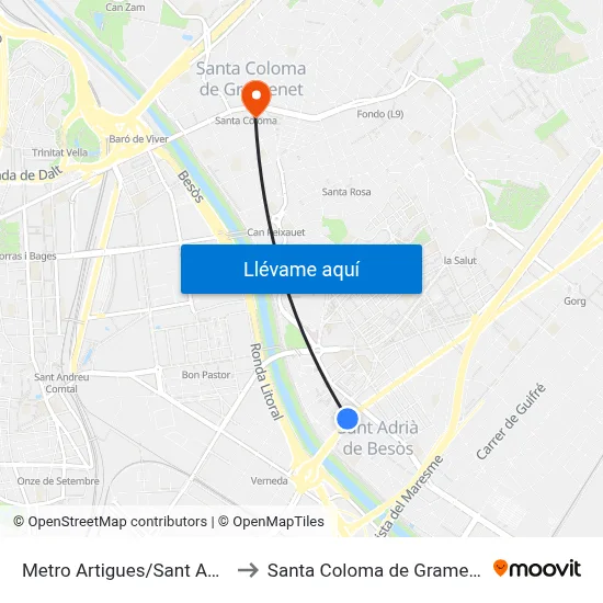 Metro Artigues/Sant Adrià to Santa Coloma de Gramenet map