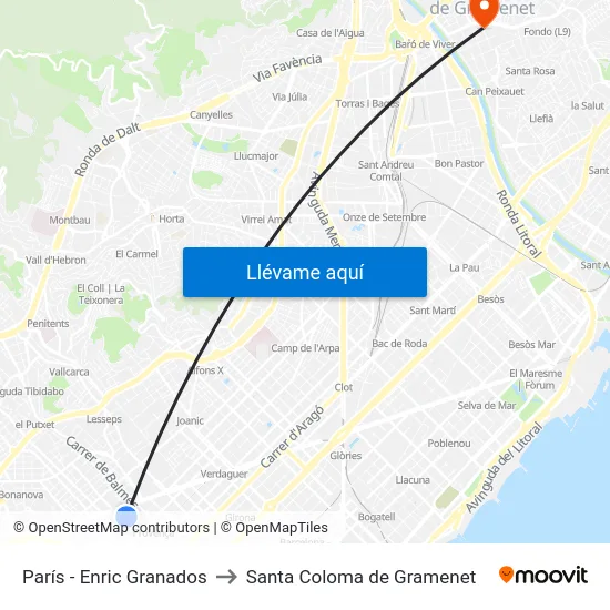 París - Enric Granados to Santa Coloma de Gramenet map