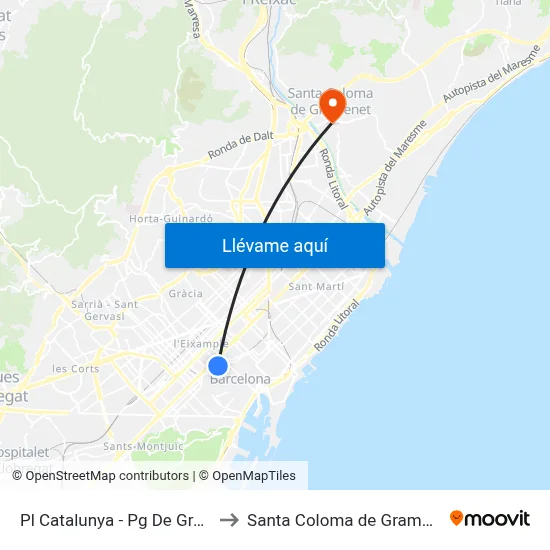 Pl Catalunya - Pg  De Gràcia to Santa Coloma de Gramenet map