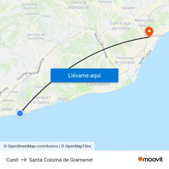 Cunit to Santa Coloma de Gramenet map