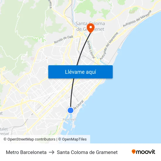 Metro Barceloneta to Santa Coloma de Gramenet map