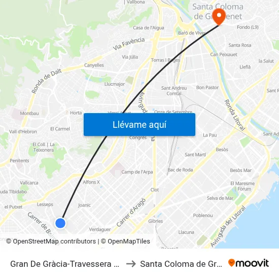 Gran De Gràcia-Travessera De Gràcia to Santa Coloma de Gramenet map
