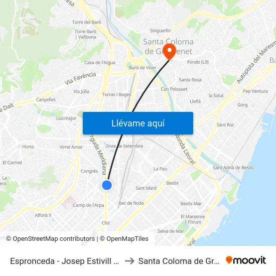 Espronceda - Josep Estivill (Sagrera) to Santa Coloma de Gramenet map