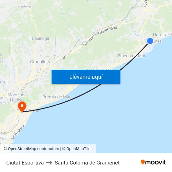 Ciutat Esportiva to Santa Coloma de Gramenet map