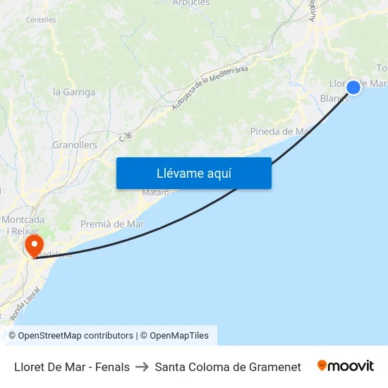 Lloret De Mar - Fenals to Santa Coloma de Gramenet map