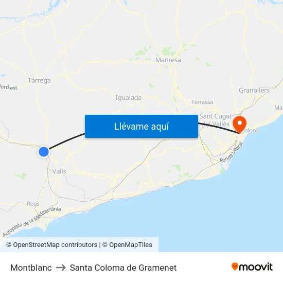 Montblanc to Santa Coloma de Gramenet map