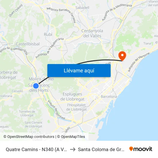 Quatre Camins - N340 (A Vallirana) to Santa Coloma de Gramenet map