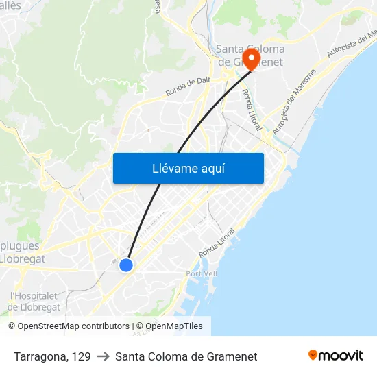 Tarragona, 129 to Santa Coloma de Gramenet map