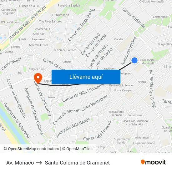 Av. Mònaco to Santa Coloma de Gramenet map