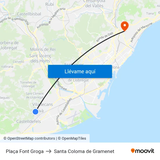 Plaça Font Groga to Santa Coloma de Gramenet map