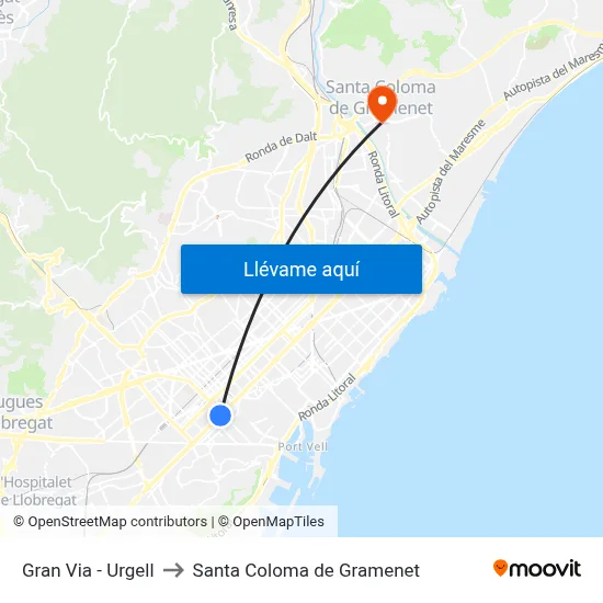Gran Via - Urgell to Santa Coloma de Gramenet map