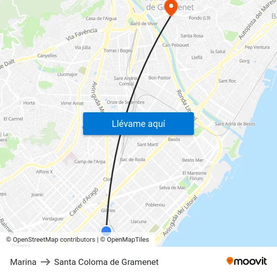 Marina to Santa Coloma de Gramenet map