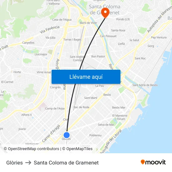 Glòries to Santa Coloma de Gramenet map