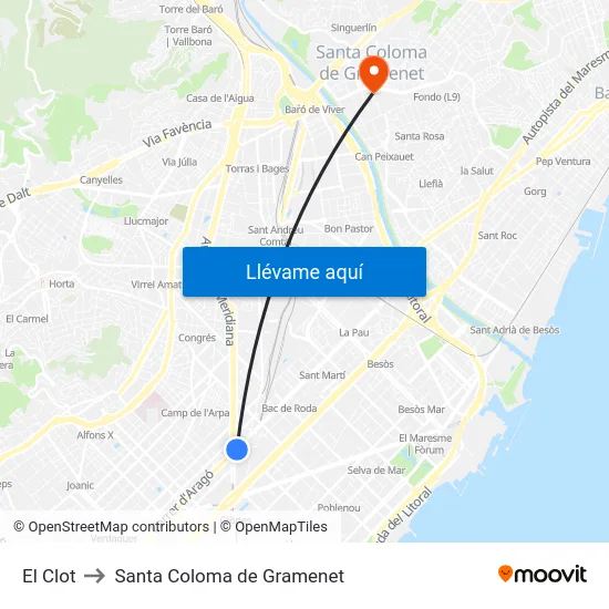 El Clot to Santa Coloma de Gramenet map
