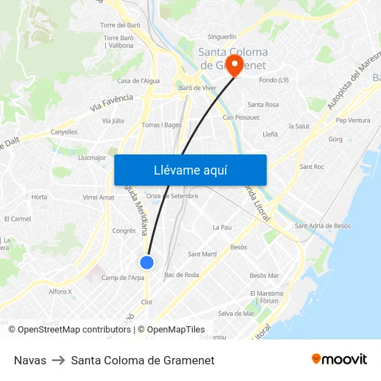 Navas to Santa Coloma de Gramenet map