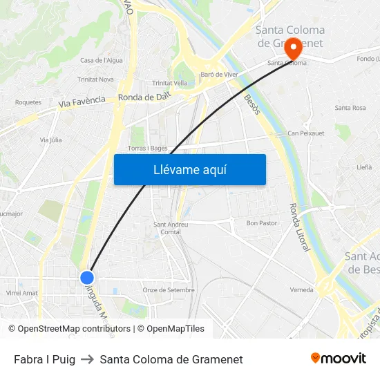 Fabra I Puig to Santa Coloma de Gramenet map