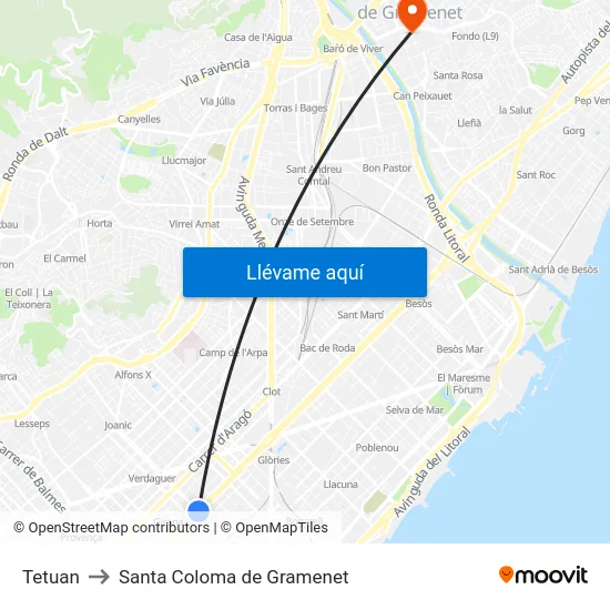 Tetuan to Santa Coloma de Gramenet map