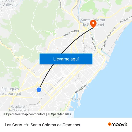 Les Corts to Santa Coloma de Gramenet map