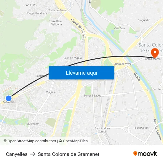 Canyelles to Santa Coloma de Gramenet map