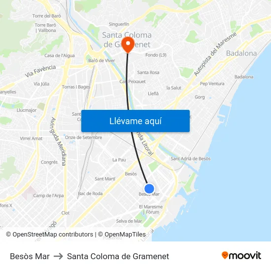 Besòs Mar to Santa Coloma de Gramenet map