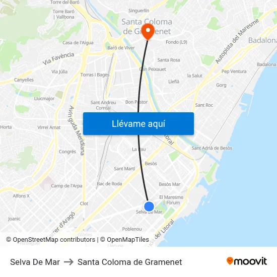 Selva De Mar to Santa Coloma de Gramenet map