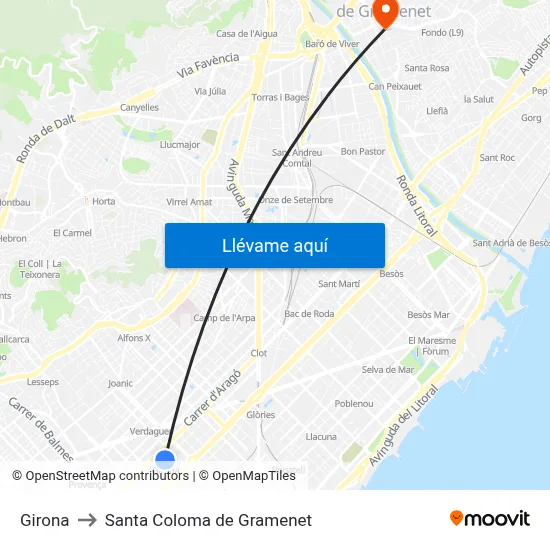 Girona to Santa Coloma de Gramenet map