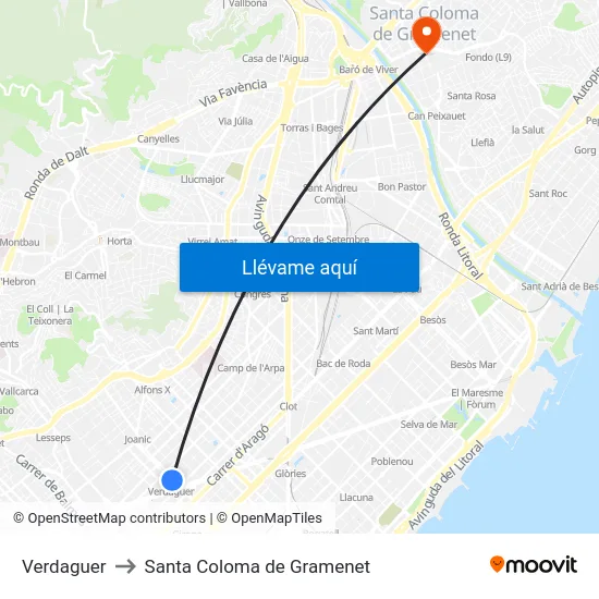 Verdaguer to Santa Coloma de Gramenet map