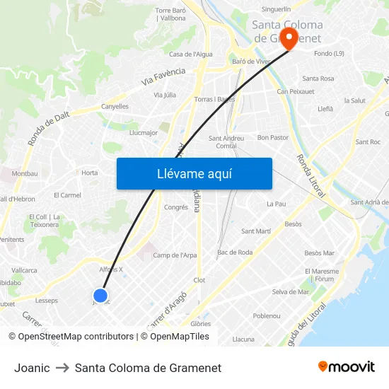 Joanic to Santa Coloma de Gramenet map