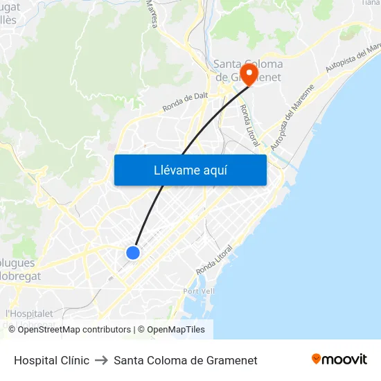 Hospital Clínic to Santa Coloma de Gramenet map
