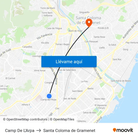 Camp De L'Arpa to Santa Coloma de Gramenet map