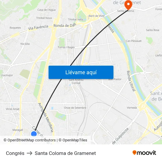 Congrés to Santa Coloma de Gramenet map