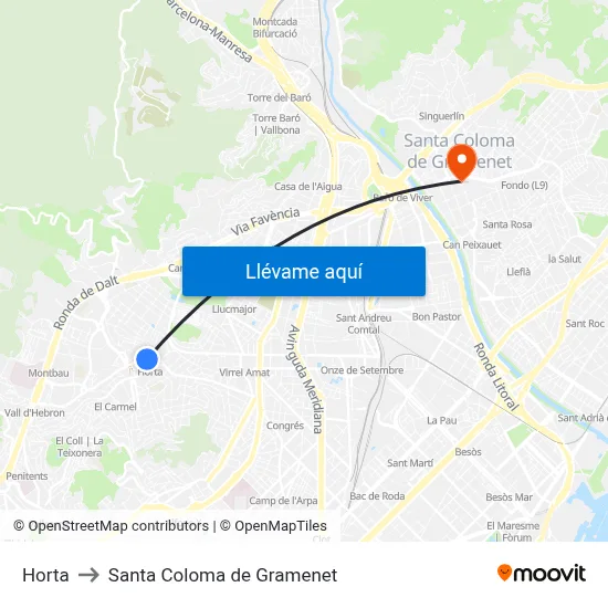 Horta to Santa Coloma de Gramenet map