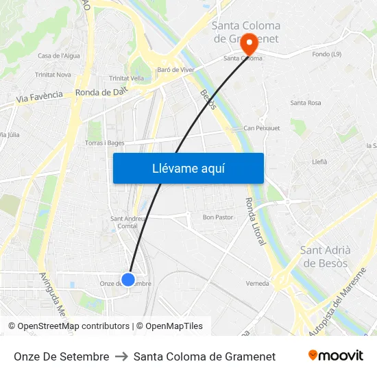 Onze De Setembre to Santa Coloma de Gramenet map