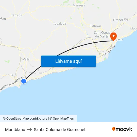 Montblanc to Santa Coloma de Gramenet map
