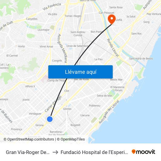 Gran Via-Roger De Flor to Fundació Hospital de l'Esperit Sant map