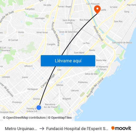 Metro Urquinaona to Fundació Hospital de l'Esperit Sant map